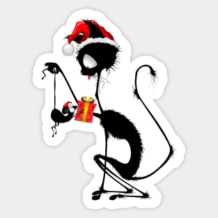 Cat Funny Christmas Santa holding a little Mouse with Gift Sticker